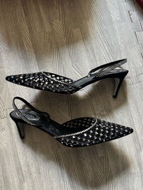 Rene Caovilla Black Rhinestone Cutout Slingback Pointed Heels